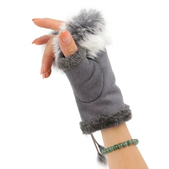 Charcoal Gray Faux Fur Fleece Fingerless Gloves - Picture 2 of 16